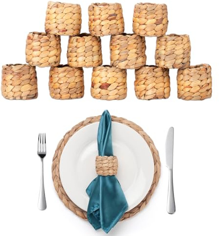 Set di 12 portatovaglioli rustici – Anelli in tessuto di vimini fatti a mano per la decorazione della tavola della fattoria | Ringraziamento, Natale e accessori per stoviglie da sposa
