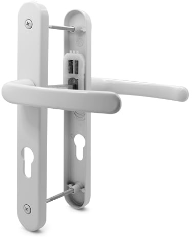 TSS UPVC Door Handle Set, 70mm PZ (Centres), with 7mm Spindle, Lever/Lever, Screw to Screw 200mm with Backplate 250mm x 34mm - Replacement PVC Door Handle (White)