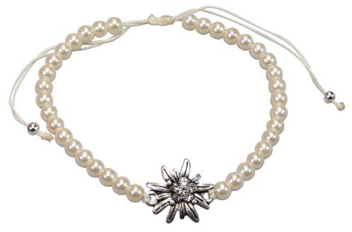 Alpenflüstern Perlen-Trachten-Armband Strass-Edelweiss mit Ziehverschluss - Damen-Trachtenschmuck mit antiksilber-farbenem Edelweiss, verstellbare Armkette, Perlenarmband (creme-weiß) DAB088