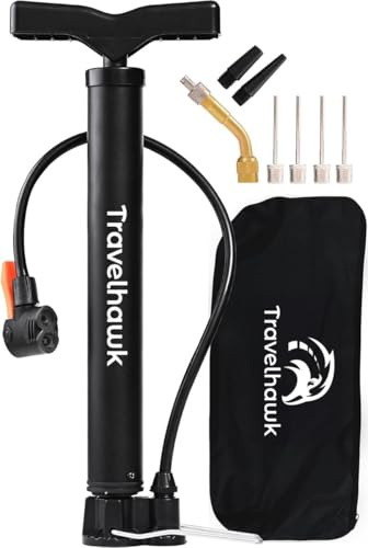 TravelHawk Cykelpump, alla ventiler, svart – luftpump, cykel av rostfritt stål, med bärkasse, stående pump cykel för resor, stående luftpump, cykeltillbehör