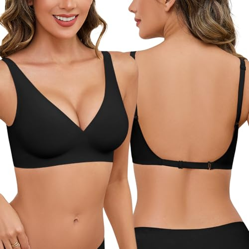 UMIPUBO Soutien Gorge Dos Nu sans Armature Comfit Femme Col en V Brassière Daily Push Up Bralette Coutures à Léger Rembourrage Classiques Maintien avec Coussinets (Noir, M)