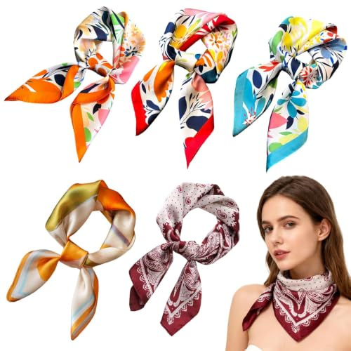 DIYCUT 5 Stück Tuch Damen Sommer Kopf, 70 x 70 cm Quadratisch Kopftücher für Damen, Lebendige Farben Satin Kopftuch, 5 Designs Tücher für Den Kopf, für Schal, Stirnband, Armband