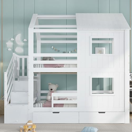 NNJN Lettino a castello, letto per bambini, armadio per scale con ripiani, cassetto portaoggetti con ruote, bella finestra e tetto, rete a doghe in legno di pino + MDF + compensato, bianco, 90 x 200