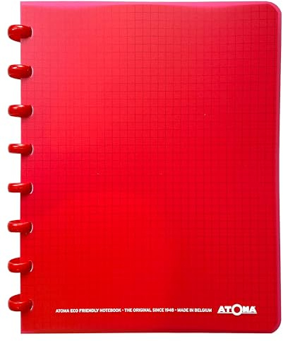 Atoma - Notizbuch A5 mit Ringen – 72 Blatt abnehmbar (144 Seiten) mit Rand – Deckel aus recycelbarem Polypropylen (rot – kariert (5 x 5 mm))
