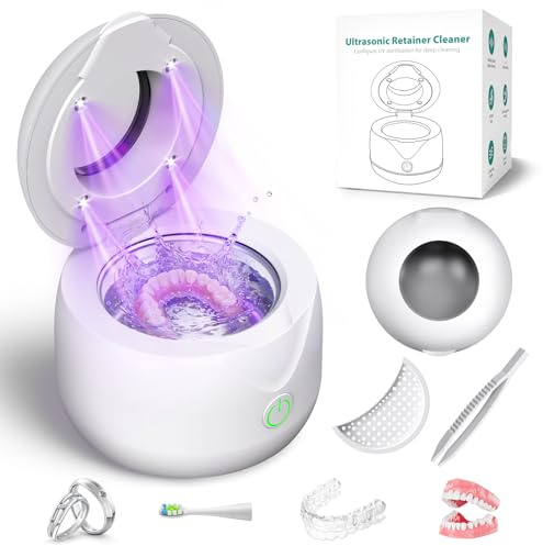 Ultraschallreinigungsgerät Zahnschiene, 45KHz UV Ultraschallgerät mit 200 ML Dental Pod, Ultrasonic Cleaner für Schmuck, Retainer, Zahnprothesen, Knirscherschiene, Zahnbürstenkopf