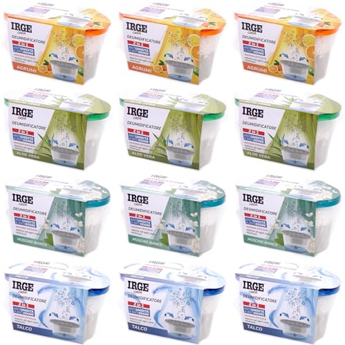 SET 12 vaschette 400 ml assorbi umidità profumate AGRUMI - ALOE VERA - MUSCHIO BIANCO - TALCO anti odore muffa deumidificatore sali per bagno cucina camper roulotte ripostiglio dispensa armadio