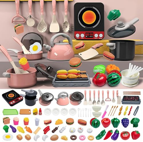 Kitchen Pretend Toy, 86PCS Kids Pretend Play Kitchen Accessories Set, Kids Kitchen Accessories with Pots Pans Utensils Cookware Food, Cooking Utensil Vegetable Toy for Children (86-Pink)