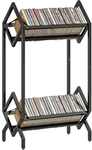 HOMCOM 50 CD Storage Rack 2-Tier Metal CD/DVD Rack Space-Saving Black | Free Standing Display, Small Books DVDs and Albums, Easy Assembly, Living Room