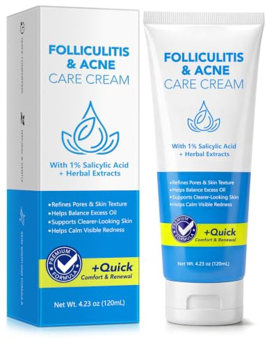 Folliculitis & Acne Care Cream 120ml,1% Salicylic Acid with Herbal Extracts, Acne Spot Treatment for Face & Body, Helps Reduce Redness, Control Excess Oil, Blemish Cream for Ingrown Hair & Razor Bumps