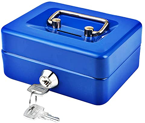 Kleine Geldkassette mit Tastensperre, tragbare Metall-Spardose mit Doppelschicht und 2 Schlüsseln für Sicherheit 12,5 * 10 * 5,6 cm (S, Blau)