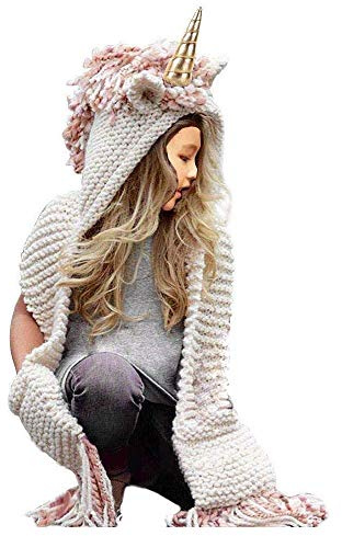 Nadoli Unisexe Hiver Chaud Tricoté Gland Laine Taille Unique Licorne Bonnets Tête Bande Chapeau Écharpe Châle Gants Ensemble pour 6-12 Ans Garçon Enfants Filles