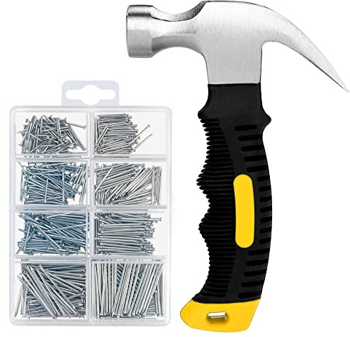 KURUI 700PCs Nails Assortment Kit & 8oz Hammer, Small Hammer for Hanging Wall Art Decor, Picture Frame, 350 Roofing/Wall Nails & 350 Finishing Nail