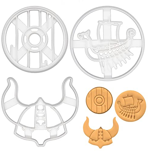 BAKERLOGY Set of 3 Viking Helmet, Shield, and Ship Cookie Cutters - Detailed Biscuit Cutter Design for Baking and Crafts, Ideal on Fondant, Dough, Clay