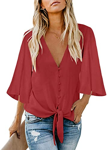 Kancystore Women's Summer Tops Button Down V Neck Tie Knot Shirts 3/4 Sleeve Blouses for Work Red M