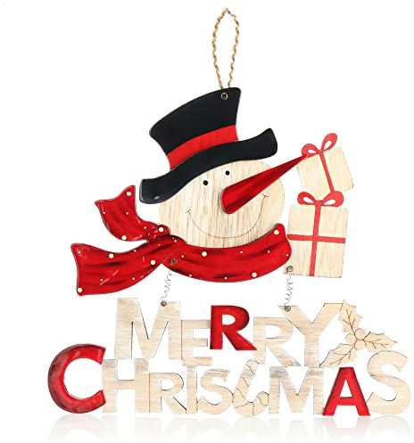 com-four® Hängedeko Weihnachten, Holz-Aufhänger Schriftzug mit Schneemann | Türschild Christmas aus Holz - Hänger für Türen - Wände - Fenster