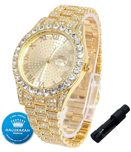 Halukakah Diamanten Gold Uhr Iced Out für Jungen,Teenager,Kinder - 18K Echtgold Platiniert,42mm Rundes Zifferblatt,Japanisches Quarzwerk - 20cm Länge,mit Anpassungswerkzeug - für Geburtstage,Partys