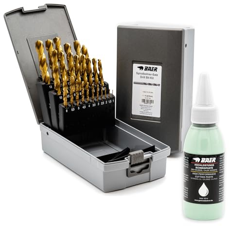 BAER HSS TIN Bohrer Set 1-13 mm (0,5mm steigend) DIN 338 inklusive Bohrpaste - Spiralbohrer Satz - Spiralbohrersatz plus Schneidpaste