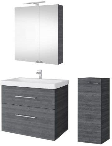 Planetmöbel Badmöbel Set Waschtisch mit Unterschrank 63 x 60 x 36,5 cm, Spiegelschrank 60 cm mit LED-Leuchte (schwarz matt) & Steckdose, inkl. Midischrank, Moderne Badezimmer Möbel, Anthrazit