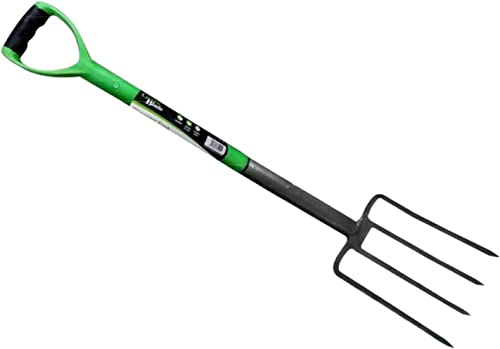 U.saf 4-Tines Carbon Steel Garden Fork Heavy Duty - Long Handled Garden Tools - Green Pitch Fork With Plastic Coated Non-Slip Ergonomic D-Grip - Digging Fork, Border Fork_18 x 10 x 100 cm.