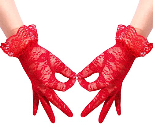 KINBOM Guantes de Encaje para Mujer Elegantes Guantes Cortos Guantes de Encaje de Red Magníficos Guantes de Muñeca para Novia boda Fiesta de té Baile de Graduación, Cosplay de Los Años 20 (Rojo)