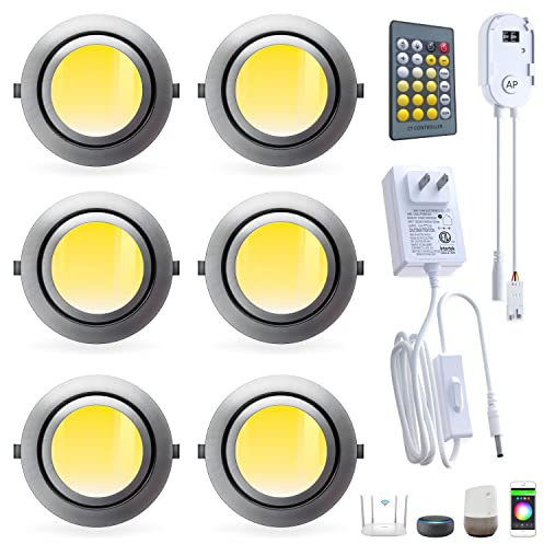 Smart Puck Lights LED Under Cabinet Lighting 2700k-6500k Dimmable Works with Alexa,Google Home,APP & Remote,12V,2W/pc,Recessed Kitchen Lamp Plug In for Counter,Display Shelf,2.5Inch Cutout,6pcs,Sliver