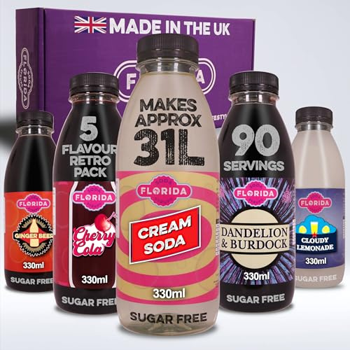 Florida Soda Syrup Compatible With Sodastream - Retro Flavours Aspartame & Sugar Free Cream Soda, Cloudy Lemonade, Ginger Beer, Cherry Cola & Dandelion and Burdock