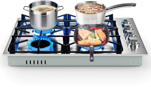 30-Inch Gas Cooktop, SIMOE Gas Stove Top Bulit-in with 4 Burner, Stainless Steel, NG/LPG Convertible Gas Hob with Cast Iron Grill/Griddle, 120V, Gas Range Top for Kitchen
