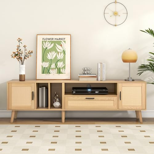 HAINEW Rattan TV-Schrank TV Lowboard mit 2 Rattan Türen und 1 Schublade, TV Fernsehtisch TV-Regal mit Massivholz Beine für Fernseher bis zu 80 Zoll, TV-Aufbewahrungsschrank, 180×40×54cm