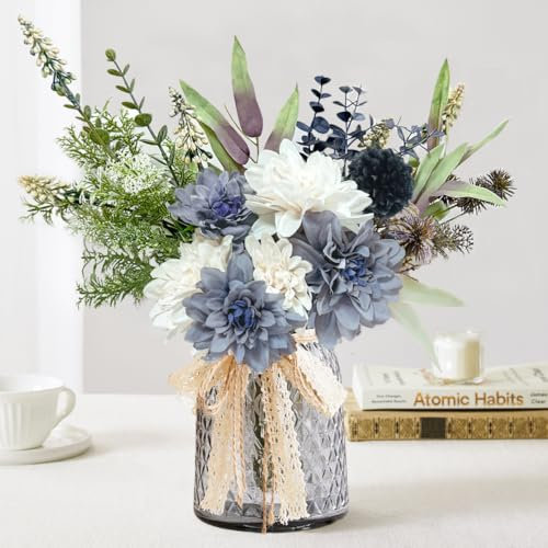 Wracra Artificial Flowers in Vase for Indoor Outdoor Decoration - White Blue Dahlia for Kitchen Dining Rooms Table Centerpiece, Holiday Picnic and Parties Decor
