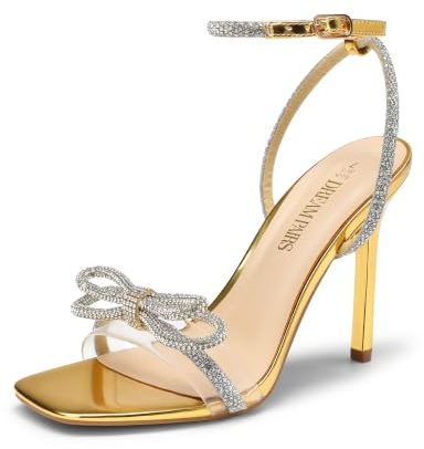DREAM PAIRS Women's Double Bowknots Crystal Sandals Clear Slingback Heels Square Toe Shoes for Party Wedding Brielle