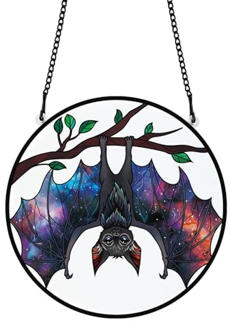 PLIGREAT Halloween Sonnenfänger auf dem Kopf stehend Fledermaus Acryl Buntglas Sonnenfänger Garten Hängende Baum Ornamente für Halloween Dekor Schlafzimmer Wohnzimmer Fenster Dekoration