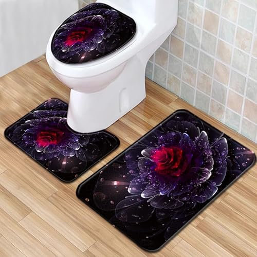 Bad Teppiche Set 3-Teiliges Lila Rote Blüten WC Vorleger Mit Ausschnitt Badematte Saugfähig WC Deckelbezug Badvorleger rutschfest Waschbar Toilettensitzbezug Badgarnitur (50x80cm)