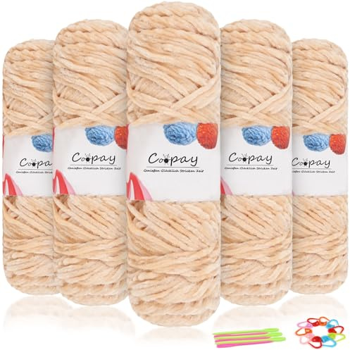 Coopay Velvet, 500 g (5 x 100 g), mjukt stickgarn, 3 mm tjock, superfluffig chenille-garn för virkning, halsduk, filt, strumpor - beige