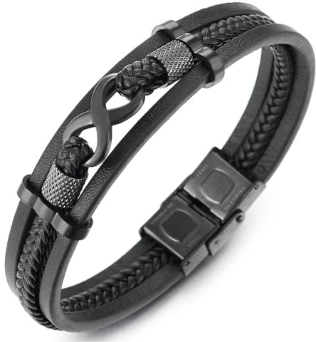 COOLSTEELANDBEYOND Drei Reihen Schwarz Infinity Liebe Unendlich Number 8 Freundschaft Schwarz Geflochtene Leder Armreif Schweißband Armband