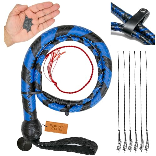 Bantoro Crafts Nero e Blu 3 Piedi/0,90 Metri La Frusta a Serpente ha Palline di Piombo. Frusta di Cuoio con Forte crepitio 12 trecce Intrecciate
