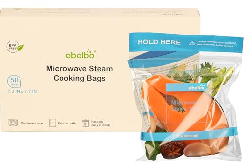 ebelbo 50 Count Microwave Steam Bags 7.3x7.7 for Cooking and Steaming Regular Type Disposable Food Steamer Bags for Vegetables Potatoes Fish and Poultry