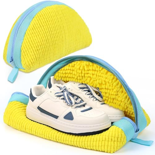 ecooe 2 Stück schuhwaschbeutel waschmaschine Wäschenetz für Schuhe,Wäschesack mit 360°-Chenille Reinigungsflaum, Wäschebeutel geeignet für Sneaker, Turnschuhe, Segeltuchschuhe usw,Gelb
