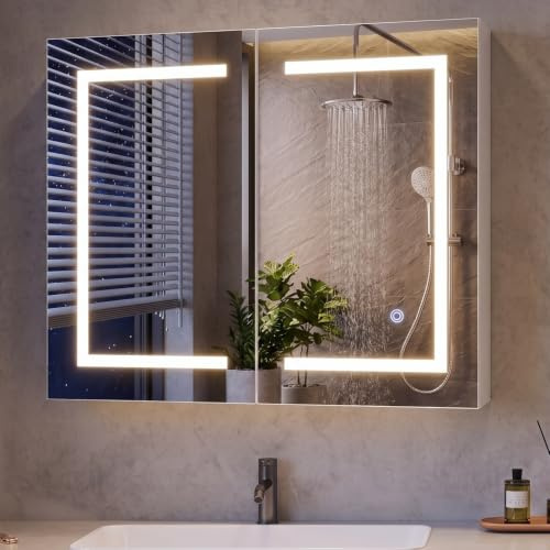 BPKADHY Spiegelschrank Bad mit LED Beleuchtung, 80x13.5x60cm, Badezimmer Spiegelschrank mit 3 Lichtfarben Dimmbar, 1Türen, Hängeschrank mit Glasablage & Speicherfunktion, Weiß (2 Türen 80x13.5x60cm)