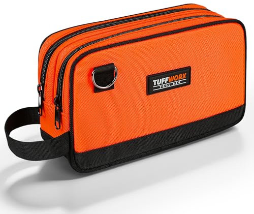 TUFFWORX Small Tool Bag, Multipurpose Zippered Tool Pouch Bag with Dual Compartment, 26 x 8 x 16 cm Portable Tool Storage Organizer, Orange