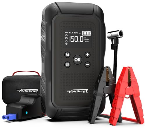 VoltSurge Arrancador de Emergencia para Coche 12V, 5000A Jump Starter (Gasolina o Diésel hasta 10.0L), Compresor de Aire 150 PSI, Power Bank, Linterna LED - Arranque Rápido para Baterías Agotadas