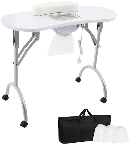 Nageltisch mit Absaugung, 5.5W Faltbar Maniküre Tisch mit Rollen, Mobiler Nagelstaubsauger mit 3 Staubsaugerbeutel und Tragetasche für Nagelstudios, Schönheitssalons, Haushalten, BIS 30kg (Weiß)