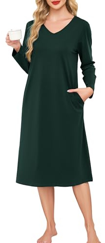 Wikoan Cotton Nighties for Women Long Sleeve Nightdress V Neck Nightshirt Soft Nightgown Long Loungwear Sleepwear with Pockets,Dark Green XL
