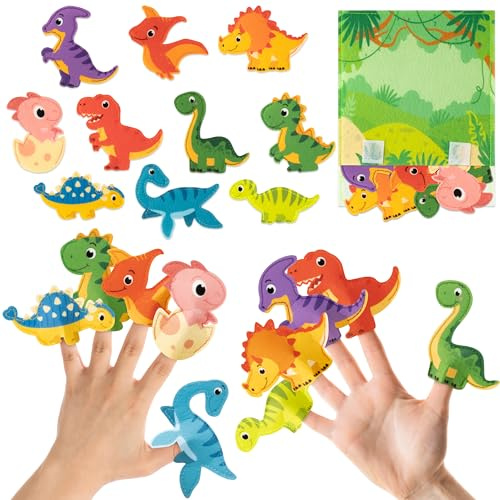 COcnny - Set di burattini da dito di dinosauro, 66 pezzi di pupazzi di feltro di dinosauro con sacchetto di giungla, kit di artigianato per bambini, fai i tuoi giocattoli per raccontare storie