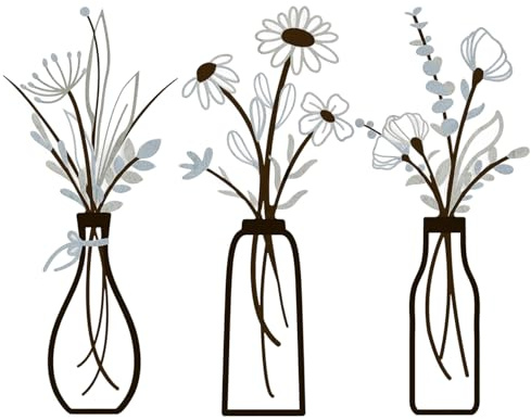 3 Stück Metall Blumen Wanddekoration, Metall Wanddeko, Minimalistische Vase Wandkunst, Metallbilder Wandkunst Dekor, Floral Line Wandskulptur für Schlafzimmern Wohnzimmern Badezimmer Fluren