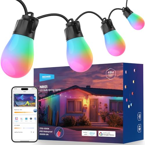 NEEWER 48ft Outdoor String Lights,App Control Smart AI RGB IC W Hanging Festoon Lights Outside Patio Backyard Holiday Lighting,IP65 Waterproof,15 LED Bulbs,50+ Scenes, Compatible Alexa Google, NR01