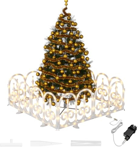FIVMEN 5X Weihnachtsbaum Zaun Weiß mit LED Mini Gartenzaun Beleuchtet Kunststoff Lattenzaun Zaun Weinachtsdeko Gartendekor Weihnachtsbeleuchtung für drinnen und draußen, Gewölbt