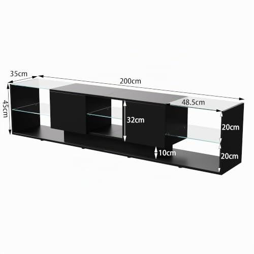 Mueble de TV 200 cm de largo, Mueble para televisión con LED y espacio de almacenamiento, moderno banco bajo para TV con dos cajones y un estante de cristal, para salón, dormitorio (Negro, 35 * 200