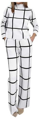 Vhersily Conjunto de Top y Pantalones para Mujer, 2 Piezas, Manga Larga, Pantalón Ancho, Cuello Semi-Alto, Estampado de Cuadros, Blusa Suelto, Vestido Elegante para Ceremonia con Botones, Traje de