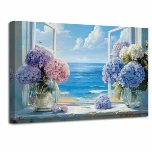 LZIMU Blaue Badezimmer Hortensien Bilder Küstenblumen Leinwanddruck Lila Blau Rustikales Blumen Schmetterlingsgemälde Glasvase Strandfenster Kunstwerk Dekor (Lila, (30L x 45B cm))