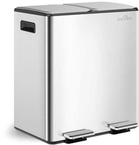 mVm Cubo de Basura Cocina, 2 Compartimentos 2 x 20L Papelera de Cocina de Acero Inoxidable con Pedales, Papelera Moderna y Robusta, Cierre Suave, para Cocina, Salón, Plata